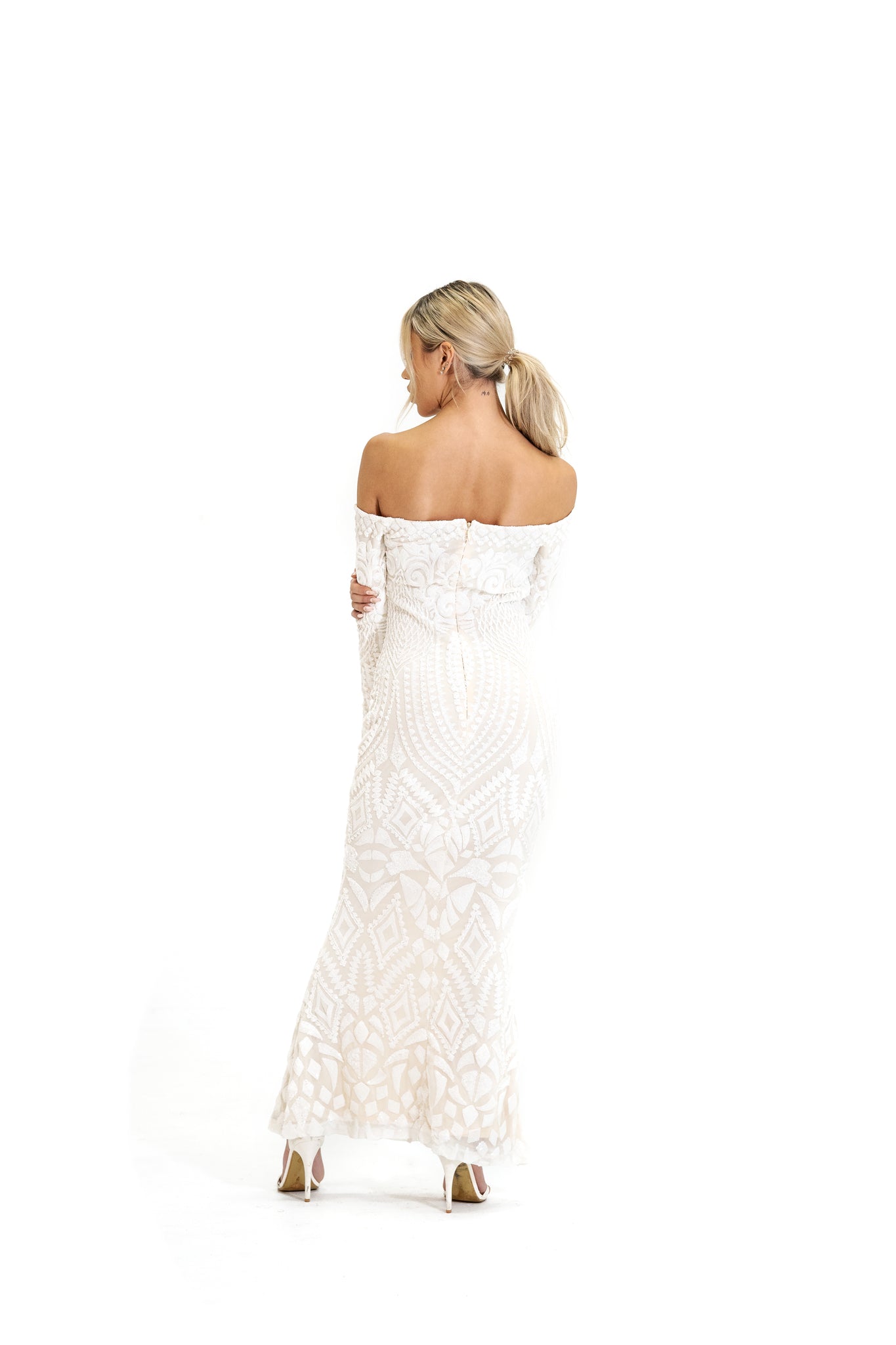 White Off Shoulder Long Sleeve Maxi Sequined Finish