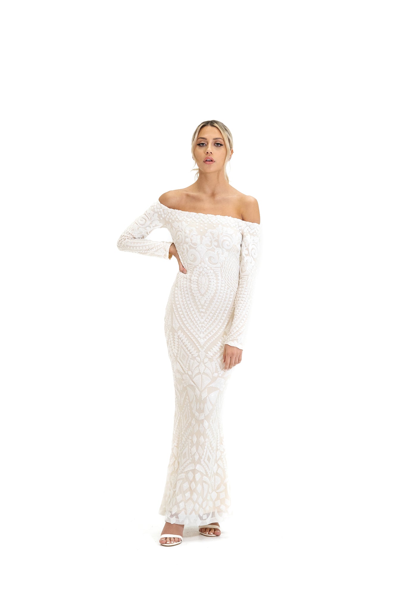 White Off Shoulder Long Sleeve Maxi Sequined Finish